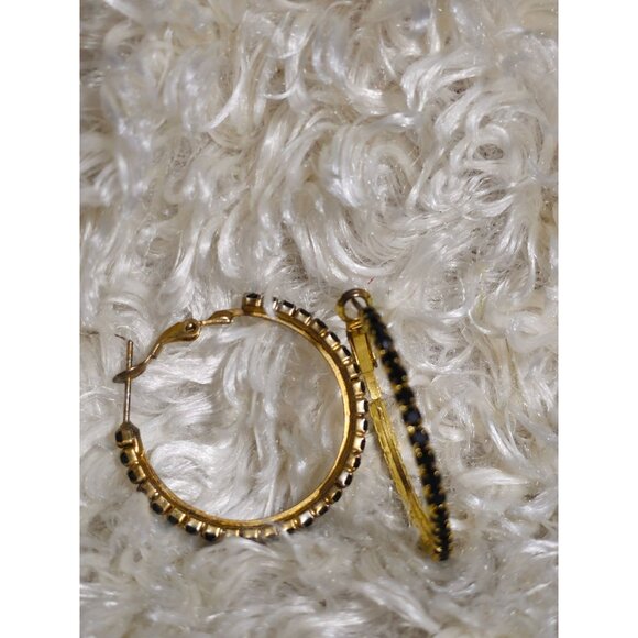 Gold Toned Hoop Earrings with Black Rhinestones - Picture 1 of 5